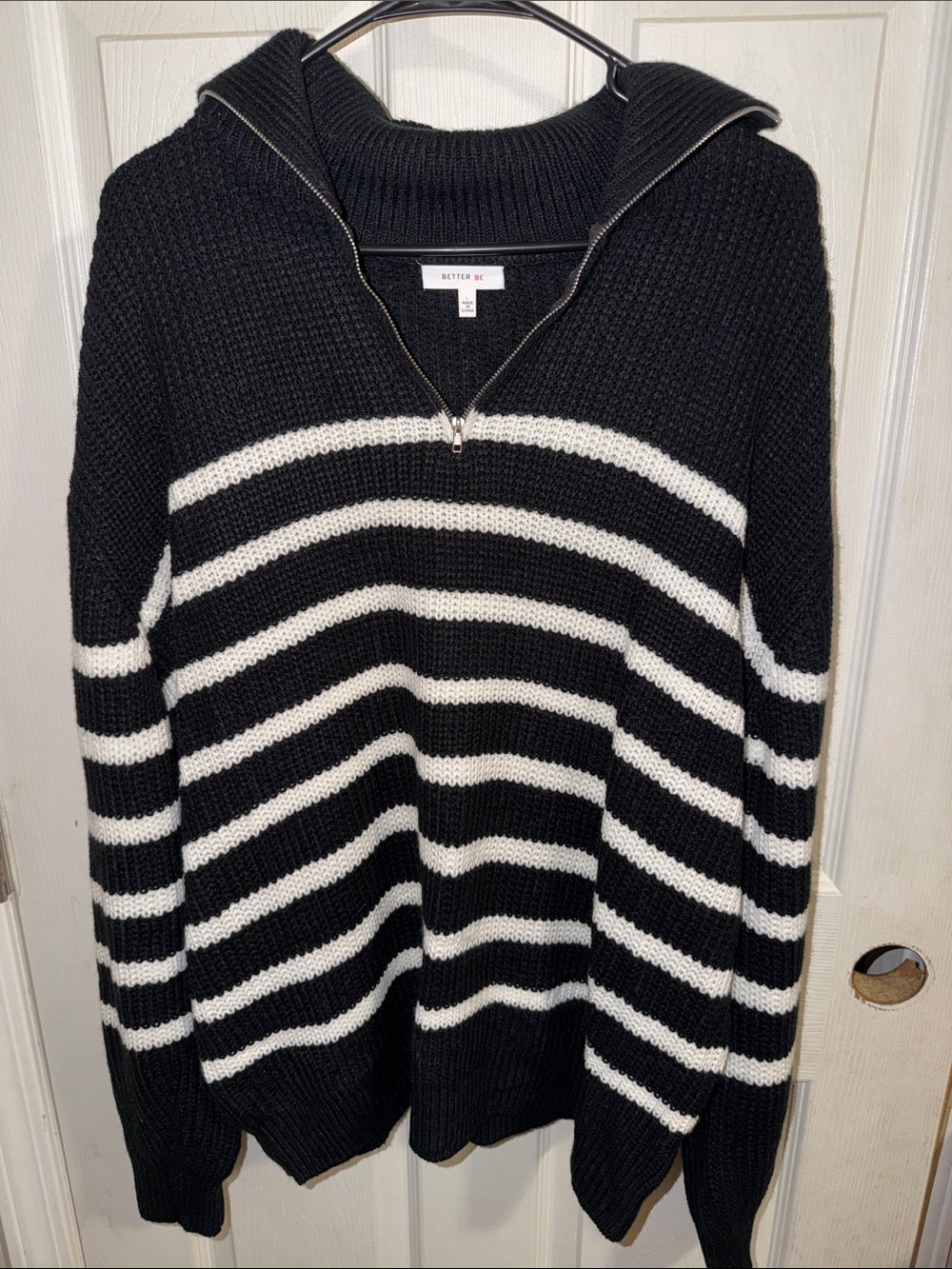 Better Be Black & White Striped Half-Zip Turtleneck Sweater